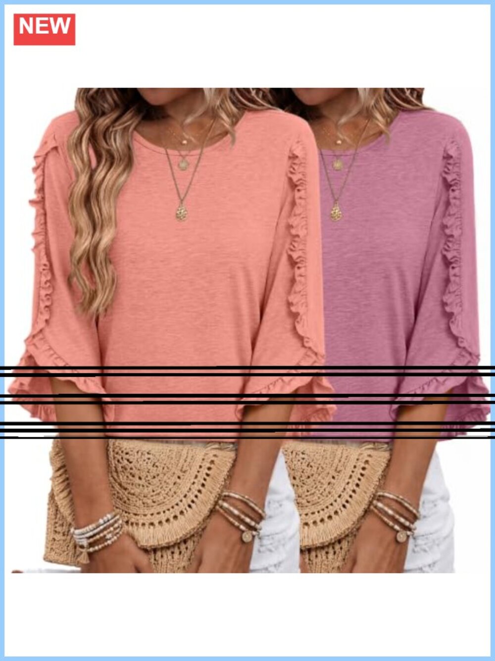 2 Pack 3/4 Sleeve Ruffle Trim Crewneck Womens Tops Dressy Casual Blouse